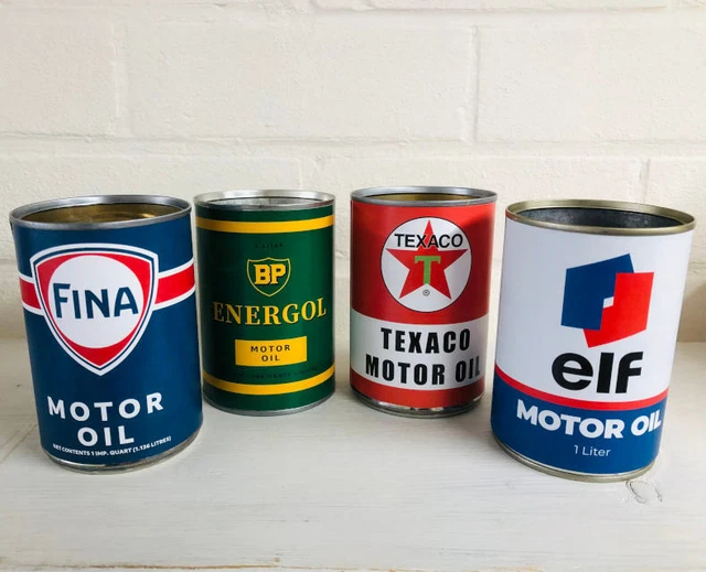Set of 4 vintage motor oil cans replica garage item - Fina, BP, Texaco, Elf
