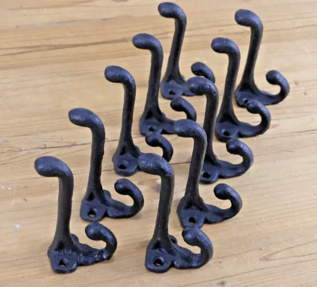 10 Cast Iron BLACK School Style Coat Hooks Hat Hook Hall Tree Restoration 3 1/4"