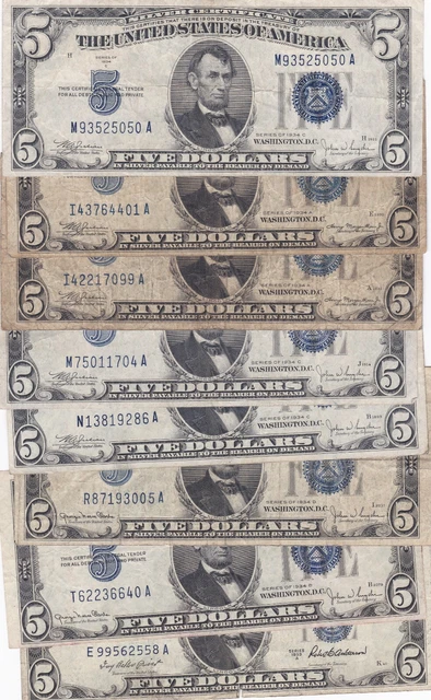 $5 1934/1953 Silver Certificates Lot 8 Notes Mixed Series Bulk