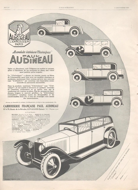 ▬► Publicite Advertising Ad Car Voiture Paul Audineau Carrosserie Francaise 1926