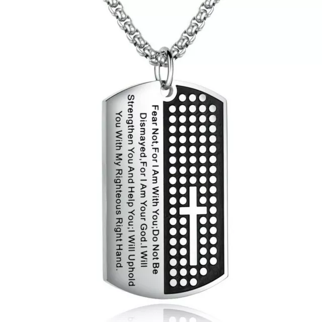 Mens Silver Bible Verse Dog Tag Cross Pendant Necklace Stainless Steel Chain 24"