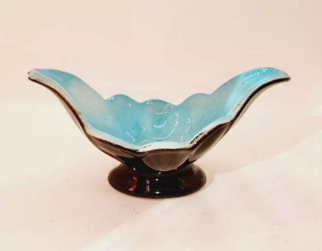 Vintage Blue & Black Pottery Art Deco Flared Scalloped Planter Vase Small, 5"