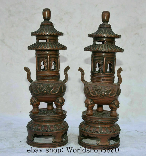 12.4" Marked Old China Red Bronze Dragon Handle Tower Incense Burner Censer Pair