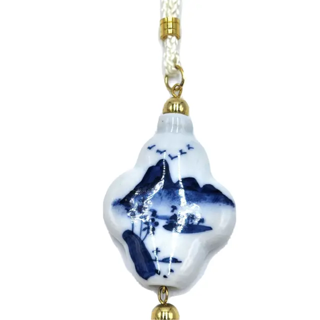 Vintage Chinese Porcelain Tassel Necklace Hand Painted Blue Asian Scenery