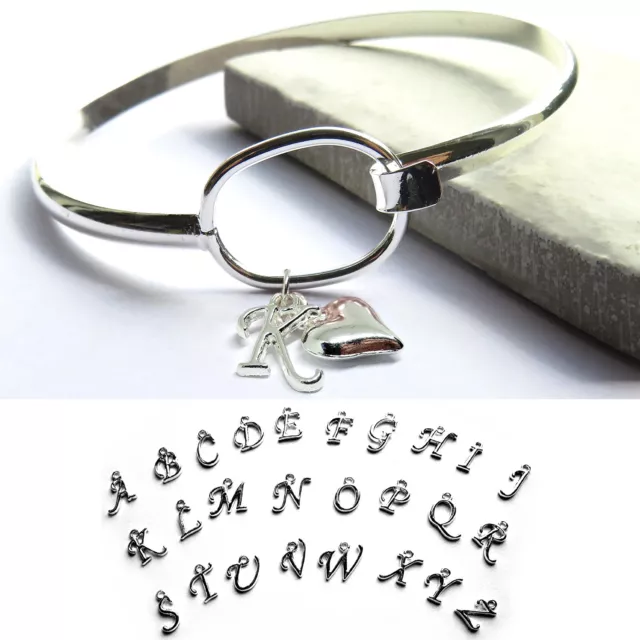 Silver Bangle Sterling 925 Bracelet Heart & A-Z Initial Charm Womens in Gift Box