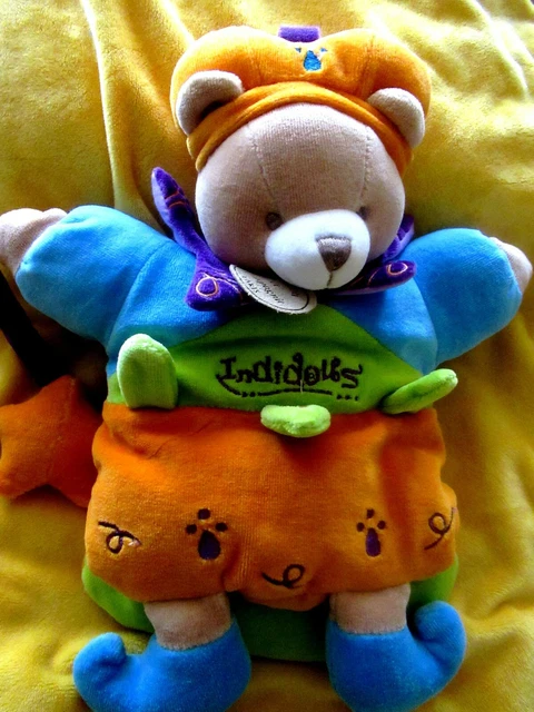 doudou  et compagnie ours indidous marionnette neuf bleu orange vert mauve