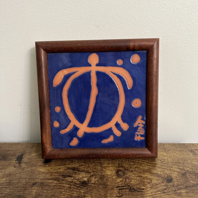 Abstract Glazed Framed Tile Signed Flint Blue And Terracotta Turtle ? Spanish?