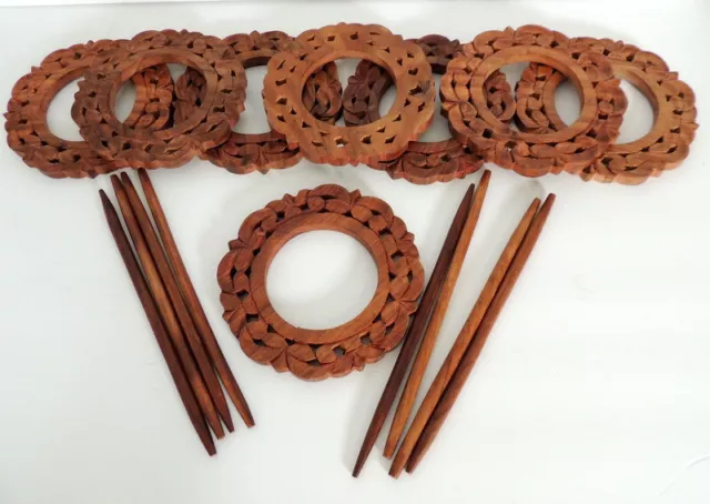 8 Carved Wood Curtain Hold Back Tie Back Rings & Sticks