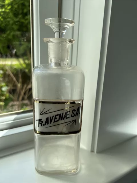 Vtg Antique Pharmacy Clear Glass Label Apothecary Jar Bottle Tr. Avenaesat 1889
