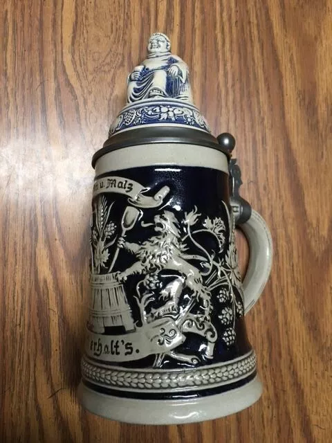 Vtg Gerzit German Monk Lidded Beer Stein Cobalt Blue Hopfen Maiz Gott erhalts