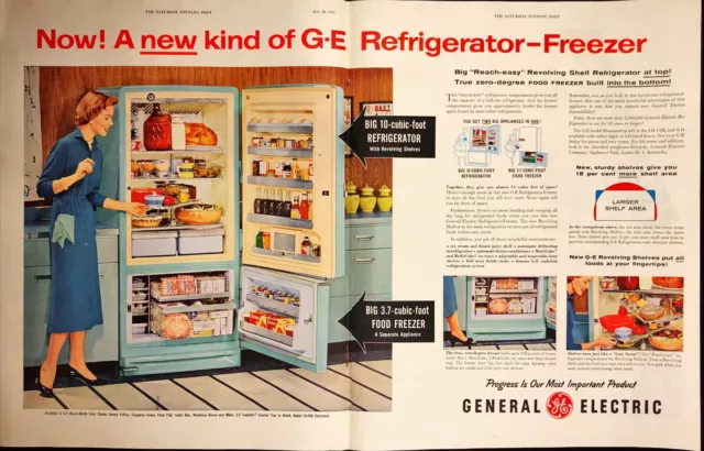 1955 GE Refrigerator Freezer 2 PAGE Print Ad Housewife Stocked Open Refrigerator