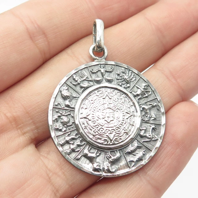 925 Sterling Silver Vintage Aztec Calendar Pisces Zodiac Sign Pendant
