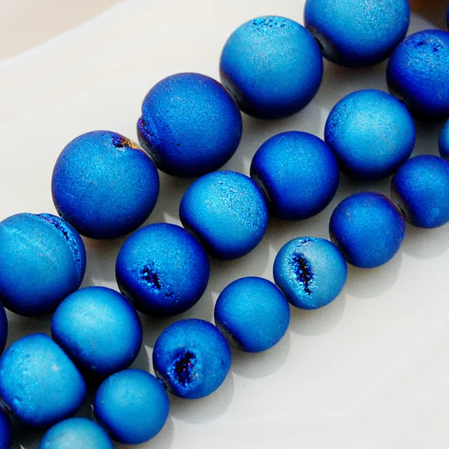 Metallic Titanium Coated Blue Natural Agate Druzy Beads 8mmm 10mm 12mm 14mm
