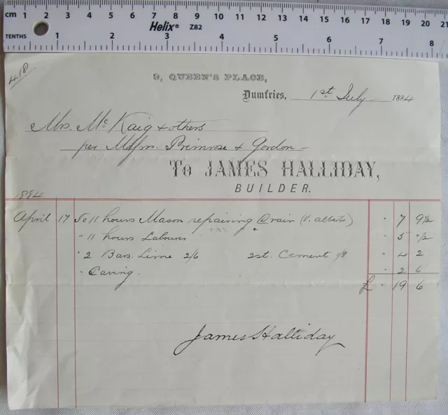 1884 invoice James Halliday, Dumfries to Mrs. McKaig, repairing drain