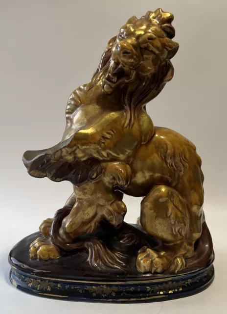 Majolica Gold Lion Statue Vintage Antique 13.5”x11”x6” Majolica Gold Lion Statue Vintage Antique 13.5”x11”x6”