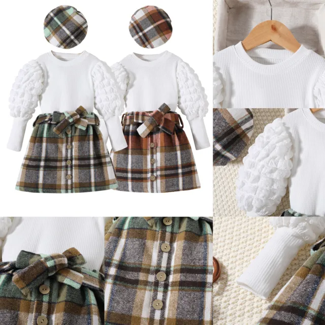 Kids Baby Girls Long Sleeve Tops+Plaid Skirt Dress +Hat Outfits Clothes Set Gift