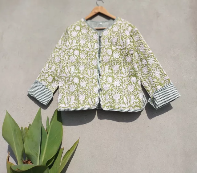 Vert Clair Floral Veste Matelassé Réversible Manteau Indien Femmes Vêtements de