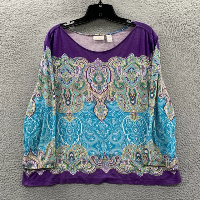 CHICOS Blouse Womens Size 3 XL Top Paisley 3/4 Sleeve Purple White Blue*