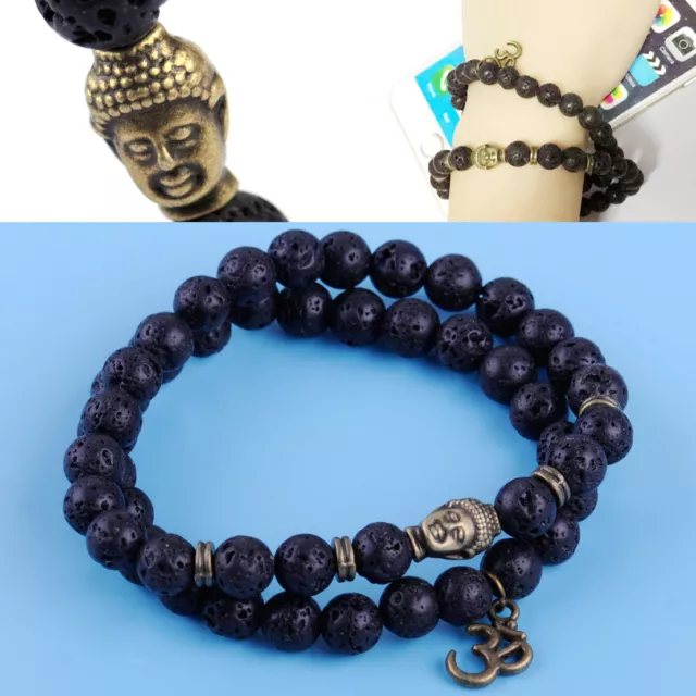 2 Men Lava Rock Stone Buddha Beaded Bracelet Lucky Yoga Energy Wrist Mala 8mm rt