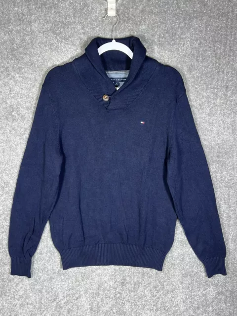 Tommy Hilfiger Knit Pullover Shawl Collar Sweater Mens Medium Navy Blue Cotton