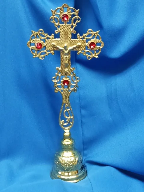 High Polish Church Brass Standing Altar Crucifix With Red Rhinestones 11 3/4 In