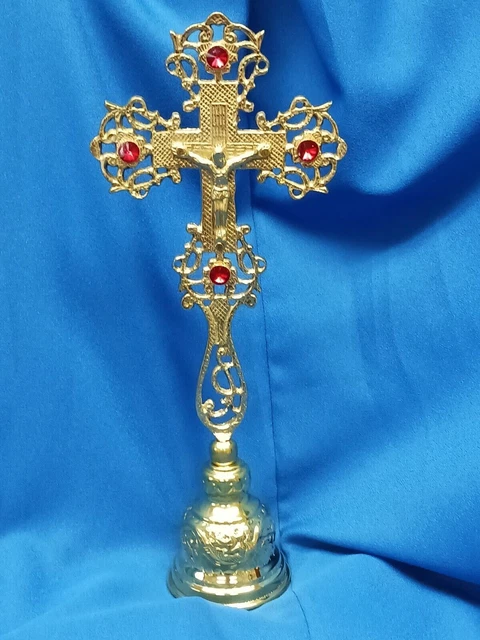 High Polish Church Brass Standing Altar Crucifix With Red Rhinestones 11 3/4 In High Polish Church Brass Standing Altar Crucifix With Red Rhinestones 11 3/4 In