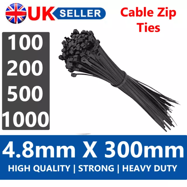 100/200/500/1000 BLACK NYLON 4.8MM x 300MM STRONG QUALITY PLASTIC CABLE ZIP TIES