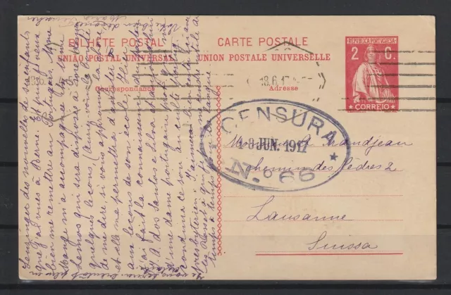 Portugal Ganzsache Karte Lissabon nach Lausanne/Schweiz, Zensur 1917 #1089384
