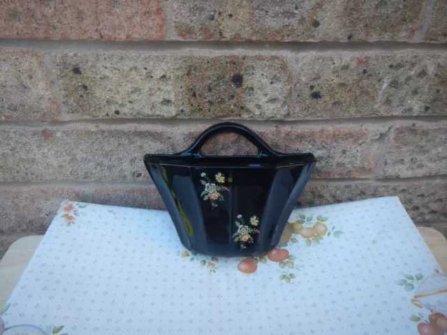 Vintage Black/Floral Ceramic Vase /Wall Pocket