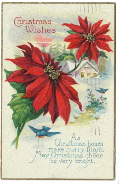 c1921 Christmas Wishes Poinsettia Winter Scene Vintage Postcard Posted ND
