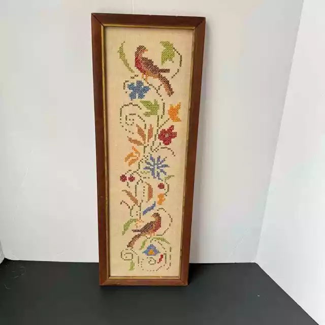 Vintage Cross-Stitch / Needle Point Birds and Flowers Wall Hanging