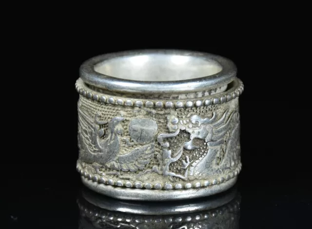 3CM Old China Silver Feng Shui Dragons Phoenix Play Bead Jewelry Finger Ring