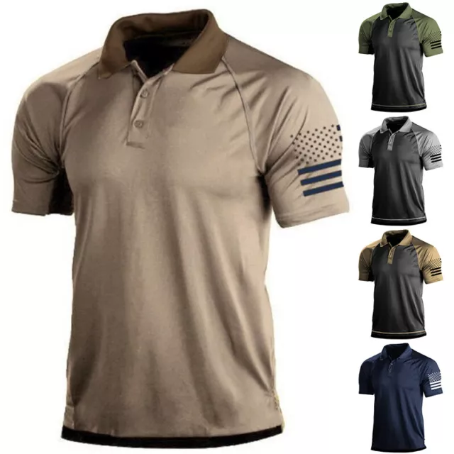 Hot da Uomo Outdoor Tactical Camicie SPORTS Bavero Bottoni T-Shirt Militare+