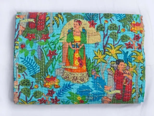 Neuf Indien Kantha Turquoise Handmade Matelassé Lit Coton Vintage Couverture Au