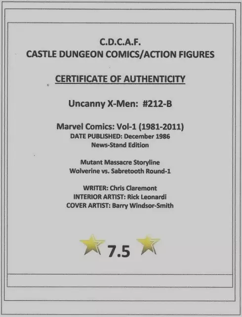 Uncanny X-Men 212-B  Marvel Comics Vol-1 (1981-2011) Newsstand Edition Grade 7.5 3