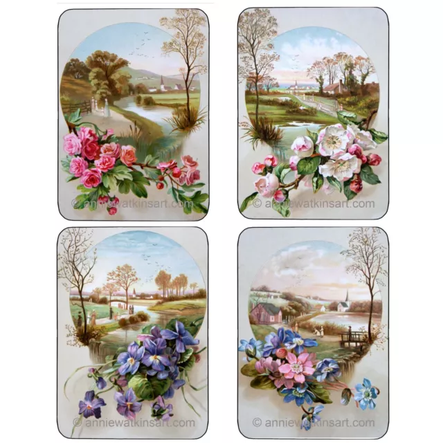 Set of four vintage style swap playing cards showing rural scenery and flowers