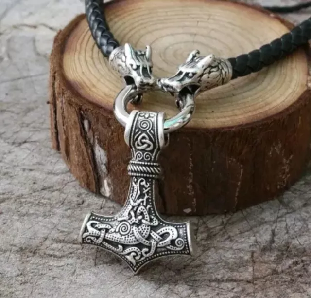Viking Wolf Head With Odin Pendant Neklace Thor's Hammer Mjolnir Jewelry