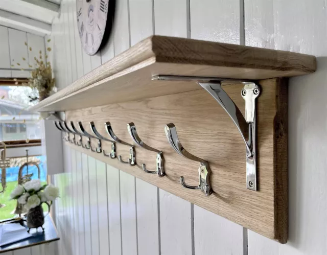 Coat Rack with Shelf Chrome Country Cottage Solid Oak Handmade Modern