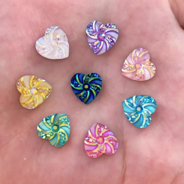 40pcs Flatback Hearts Rhinestone Buttons 12mm Resin Cyclone Heart Button Sewing