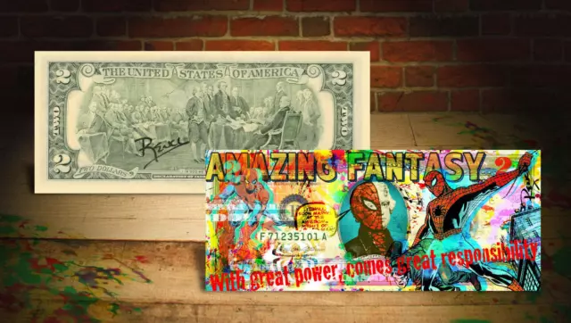Spider-Man Homecoming Vintage Original $ 2 US-Rechnung * HANDSIGNIERT von Währung ART *