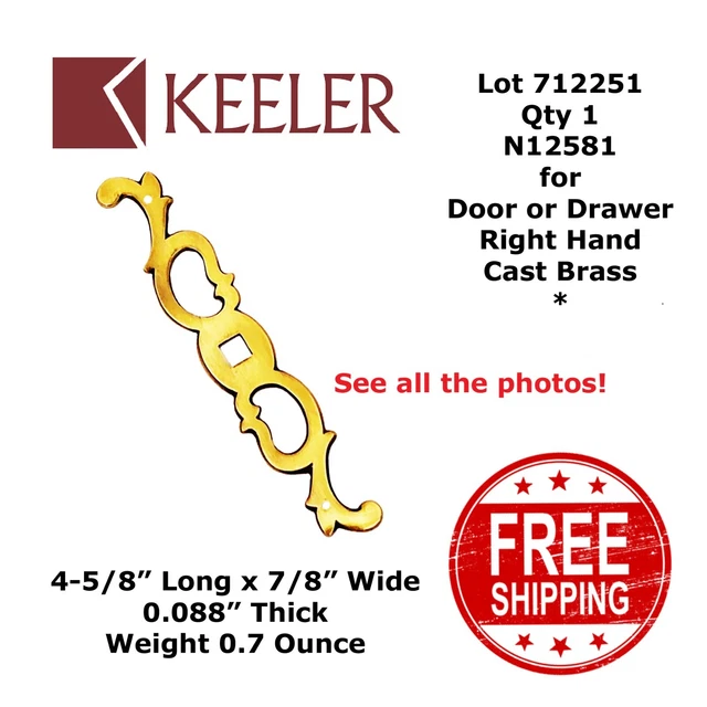 BACKPLATE DOOR or DRAWER Brass 4-5/8" x 7/8" Keeler N12581 Right Brushed 712251