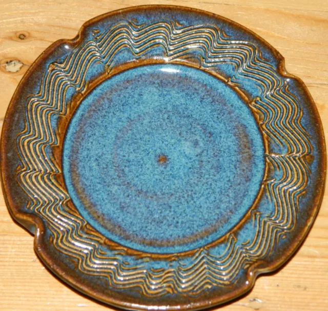 4" Hand Made Studio Art Pottery Earthenware Butter Side Trinket Dish Blue Brown