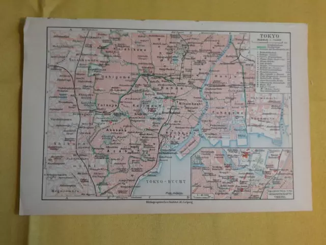 1890-1920 ORIGINAL VINTAGE MAP Tokyo, Japan Meyers Konversations-Lexikon C10-5