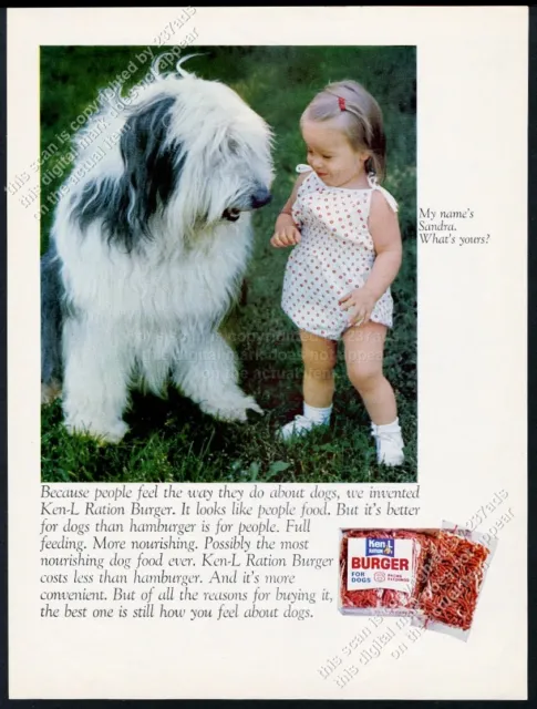 1968 Old English Sheepdog & baby girl photo Ken-L Ration burger vintage print ad