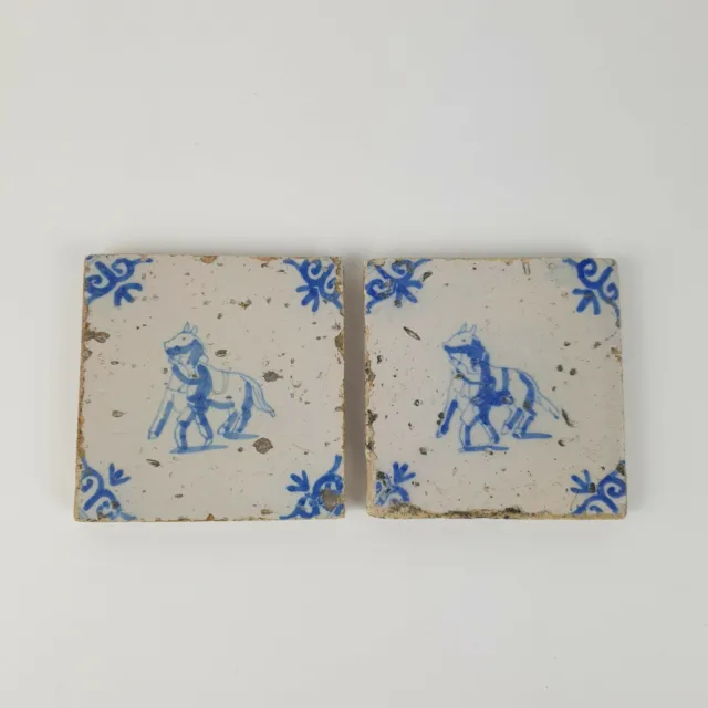Unusual Pair Of Small Antique Delft Blue & White Tiles Horse And Attendant 7.5cm
