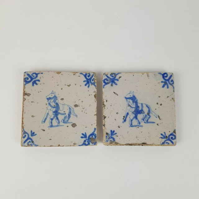 Unusual Pair Of Small Antique Delft Blue & White Tiles Horse And Attendant 7.5cm