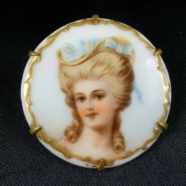 Antique Portrait Brooch Hand Painted Porcelain Victorian Lady Cameo Pin