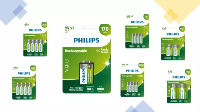 Phillips Recharge Batteries NiMh Ready To Use | AA | AAA | C | D | 9V | 1 - 4 Pk