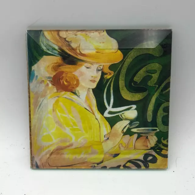 CAFE LADY DRING COFFEE Art Deco 4" Glass Coaster Tile AS IS Read T9