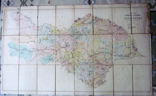 1897 North Riding Yorkshire Antique Map Dales Railway Hawes 118x71cm Bartholomew